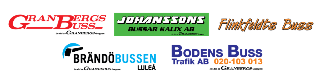 Logotyper för Granbergs buss, Johanssons Bussar, Flinkfeldts Buss, Brändöbussen och Bodens Busstrafik